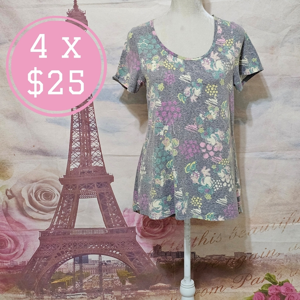 LuLaRoe Gray and Pink Floral Minnie Short Sleeve Top